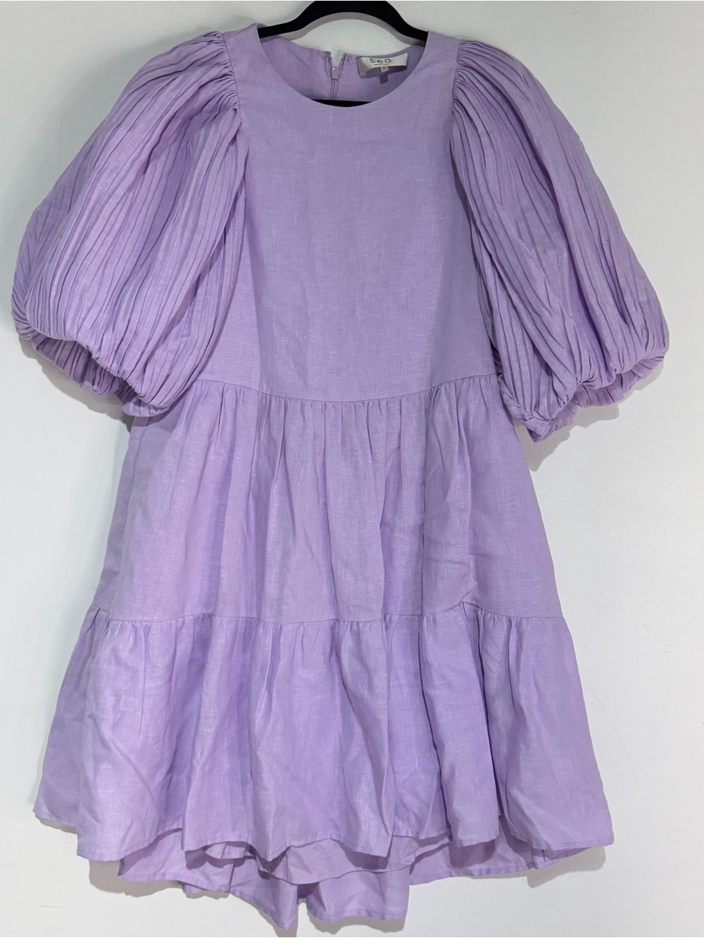 SEA New York Lilac Puff Sleeve Tiered Mini Dress Linen Blend